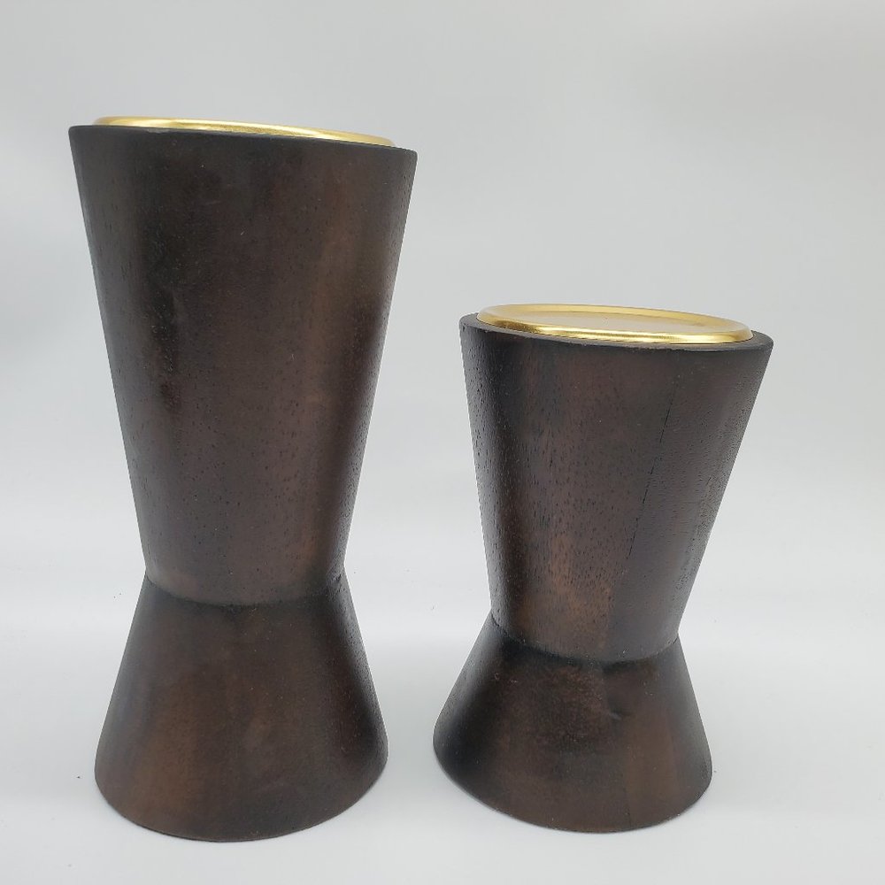 Pair of Contemporary Wooden Pillar Candle Holders - 1 Large and 1 Medium